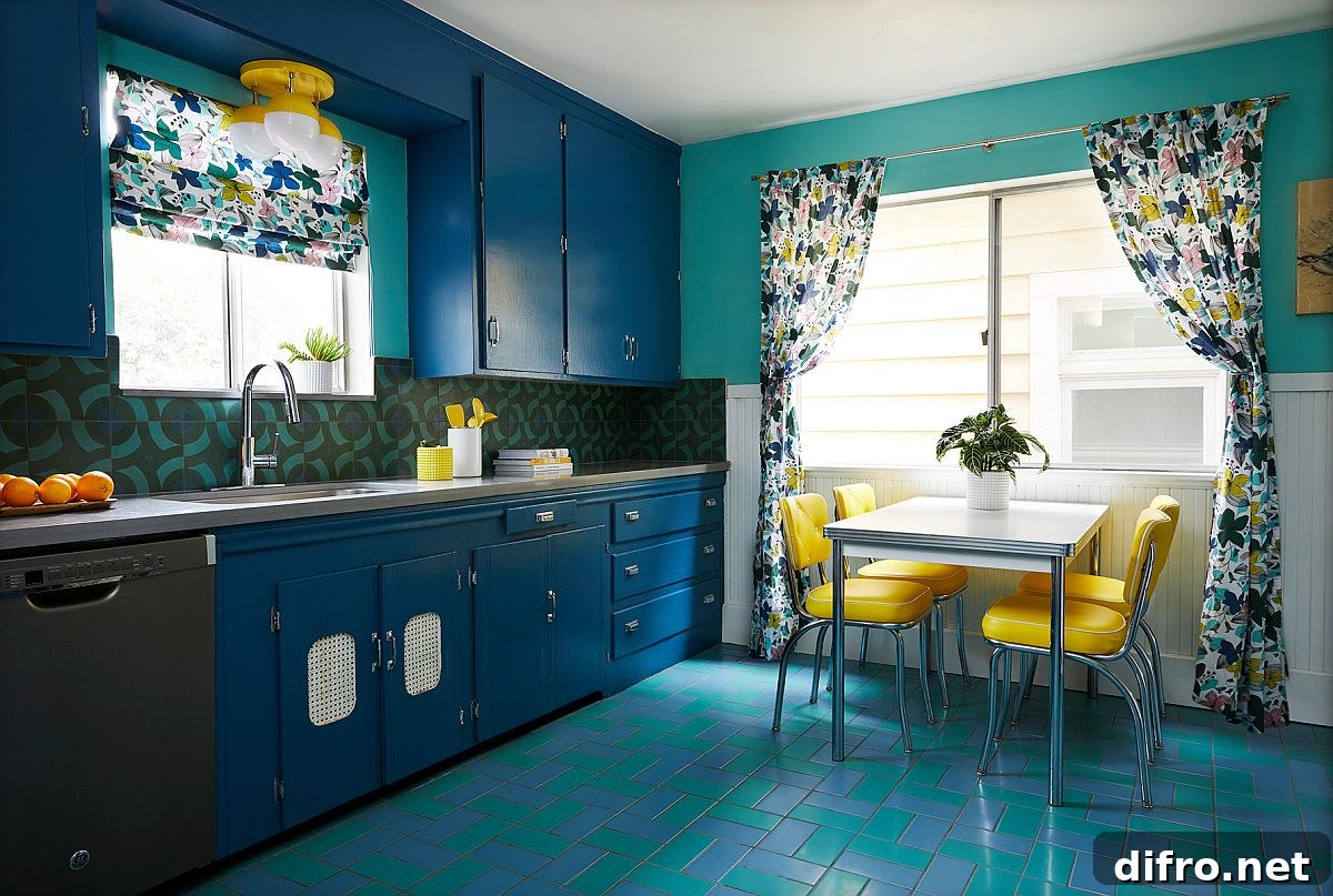 Colorful kitchen with turquoise and yellow accents
