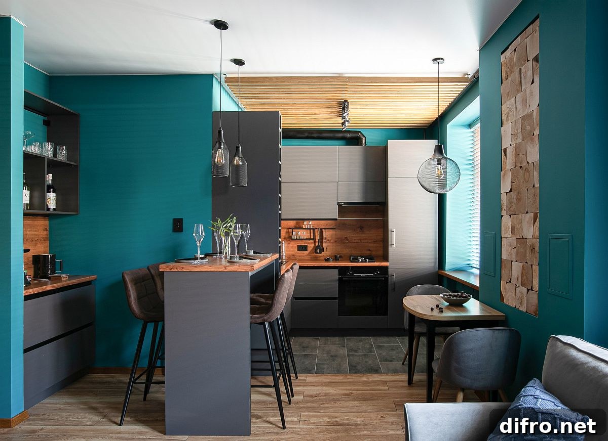 Contemporary turquoise and gray kitchen