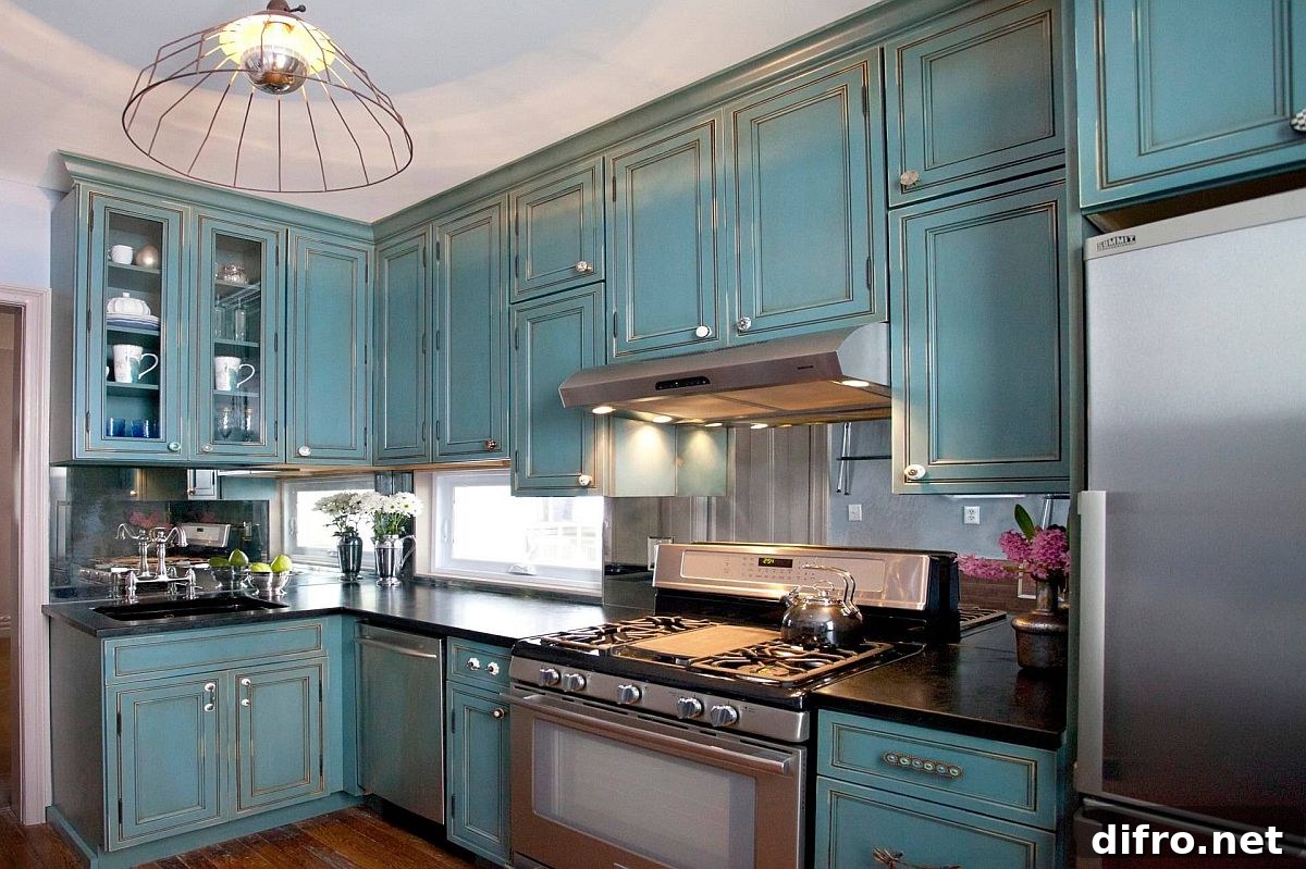 Traditional kitchen with turquoise cabinets