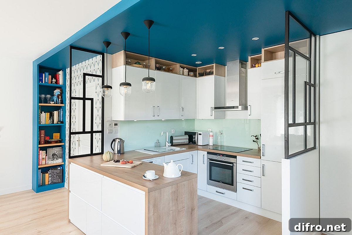 White kitchen with turquoise ceiling detail