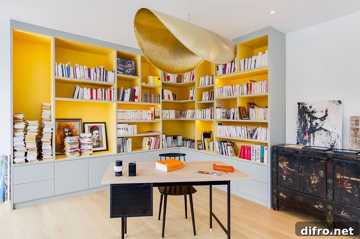 Gold pendant light and yellow shelves in a home office