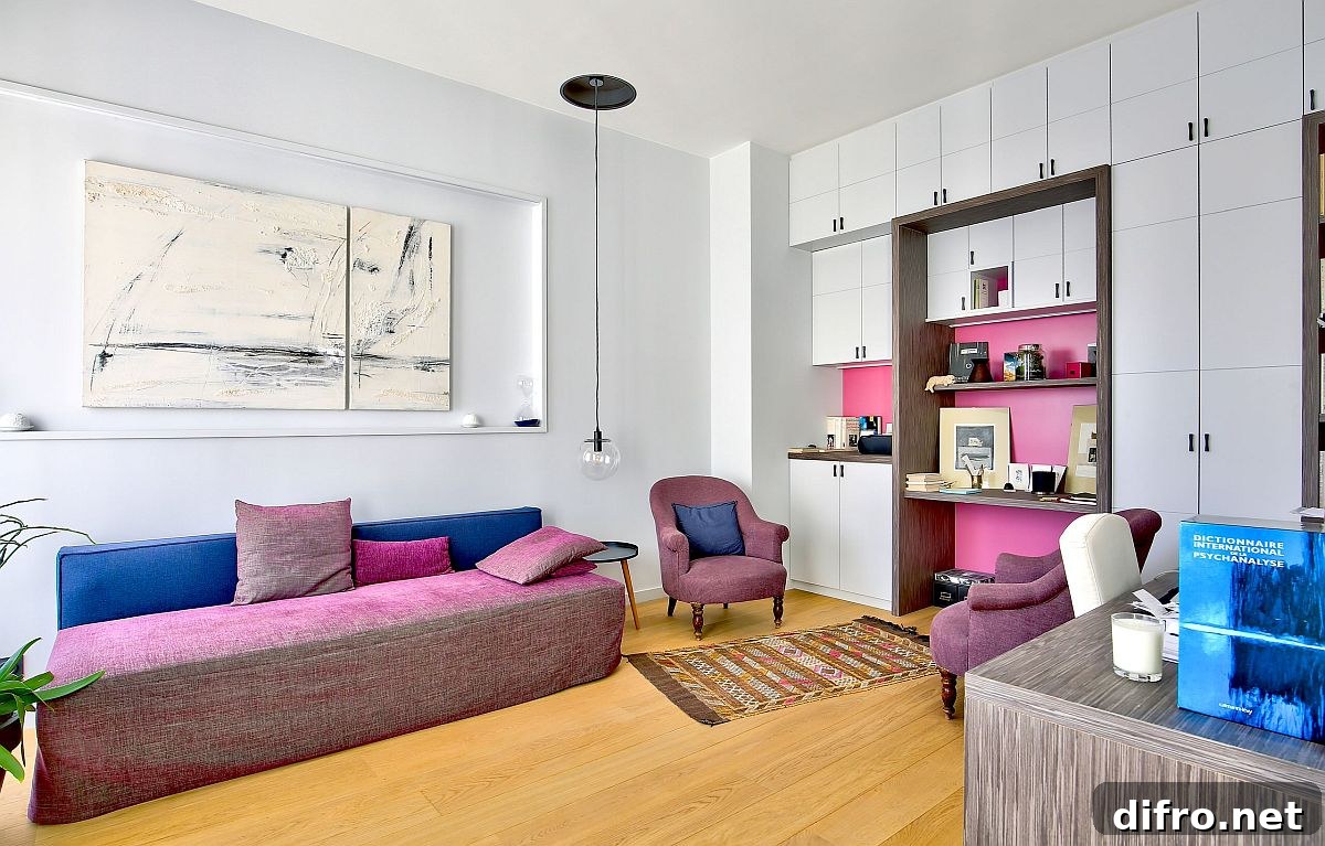 Shelving and sofa adding pink accents