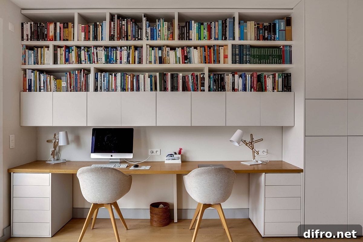 White home office with space for two and overhead bookshelf