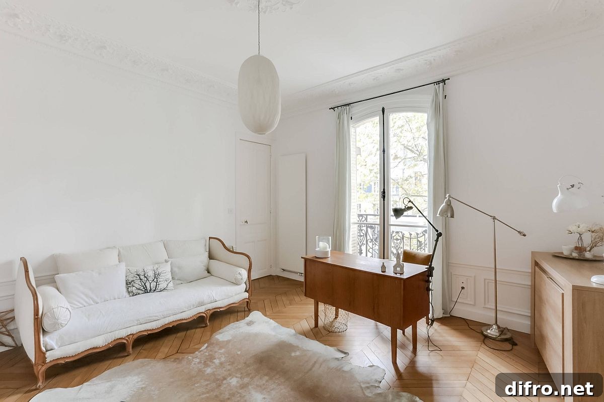 Monochromatic white home office with wood floor