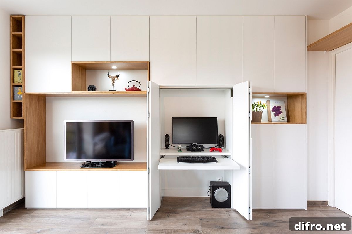 Built-in desk that closes away when not in use