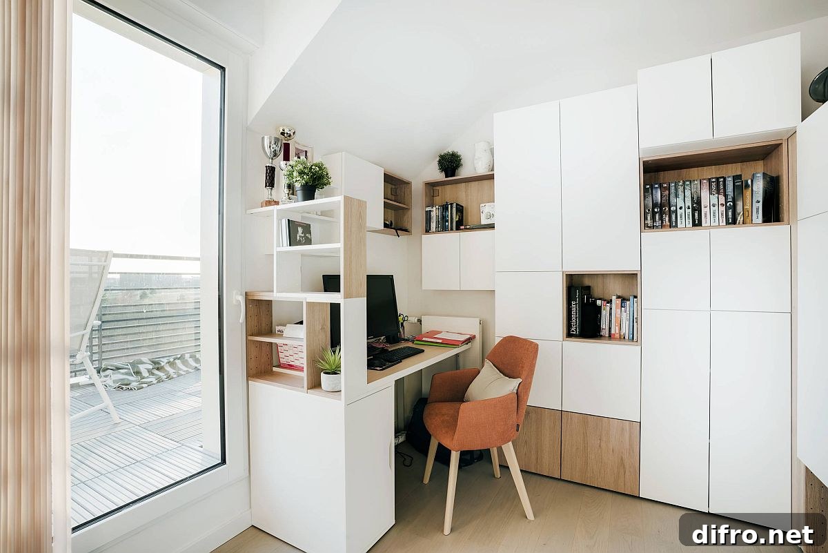 Modular wooden cabinet behind a desk