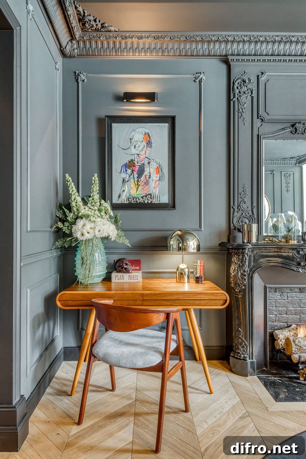 Elegant home office with ornate walls