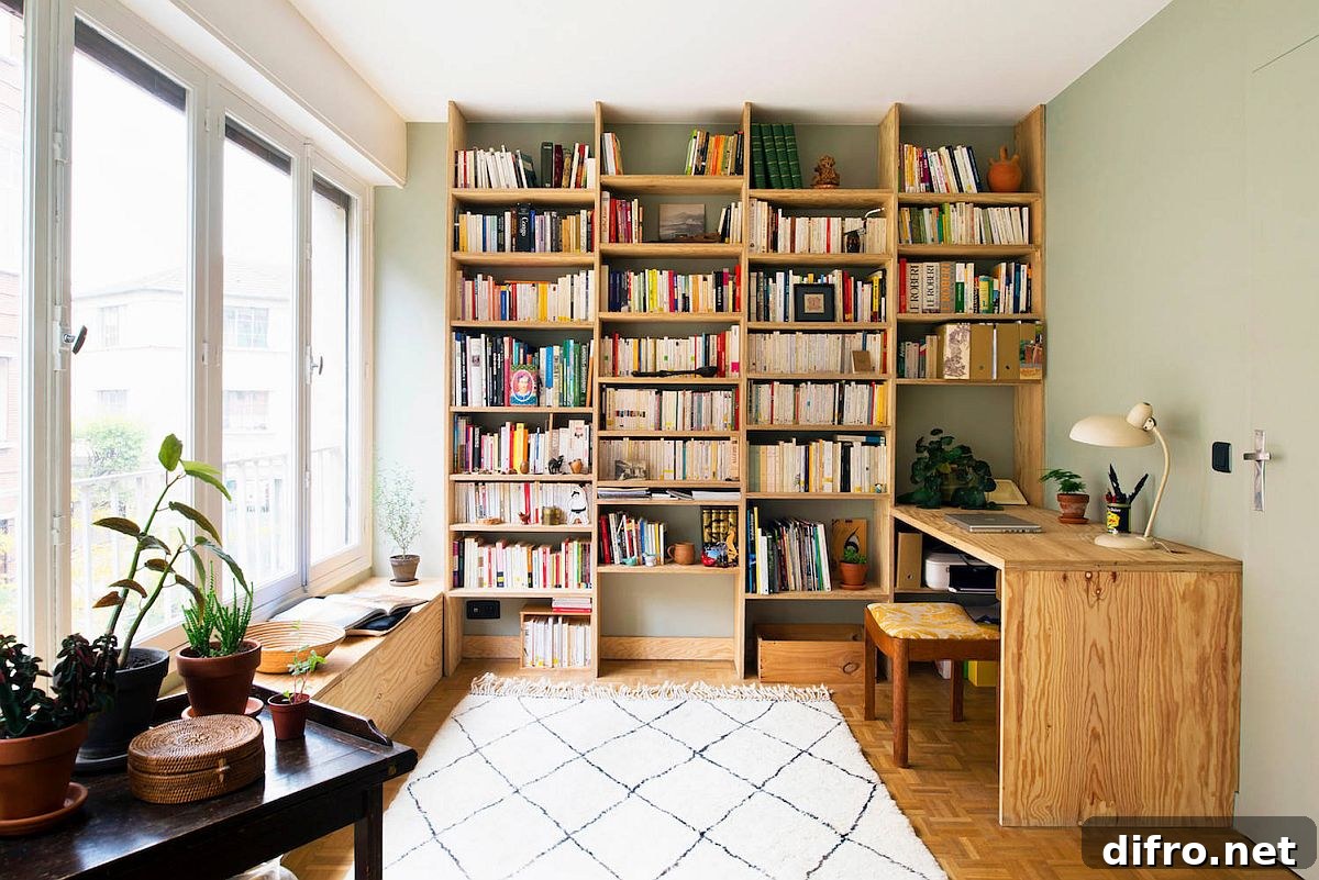 Vintage home office with wooden shelves and rug