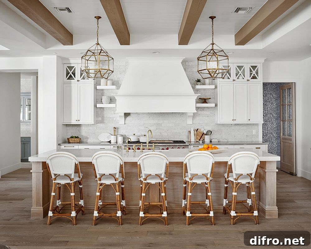 Farmhouse style wood and white kitchen with matching bar stools
