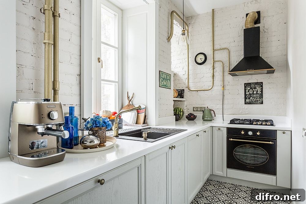 White-painted brick with black accents in a small industrial kitchen