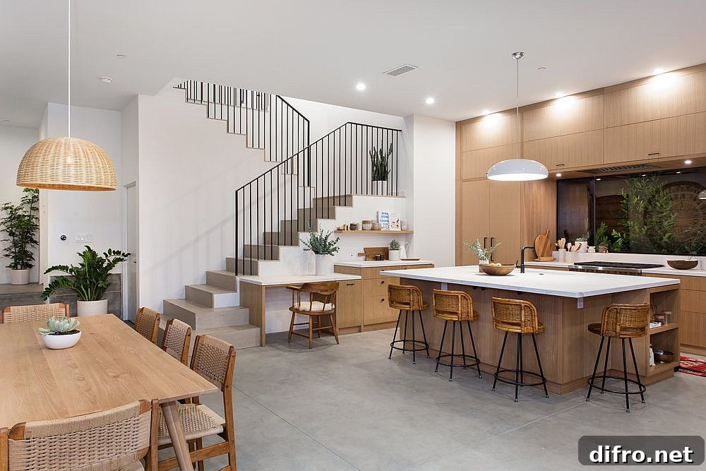 Kitchen that feels like an extension of the living area in white and wood