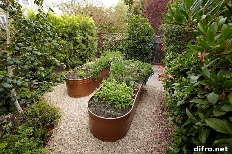 Bronze trough beds used for an edible garden