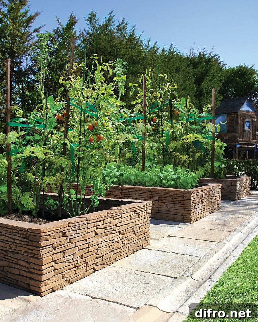 Stacked stone shaping a Mediterranean-style edible garden