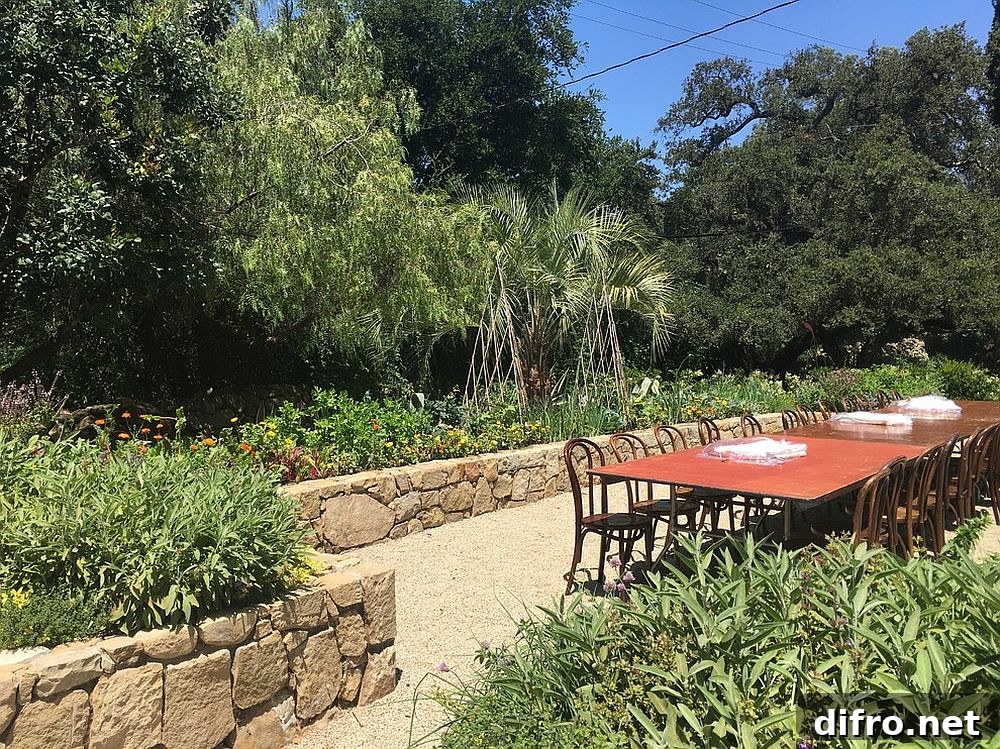 Organic edible garden with central dining area