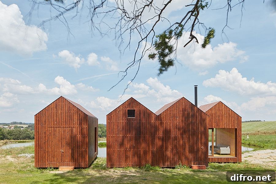 Modern wooden cabins beside a pond