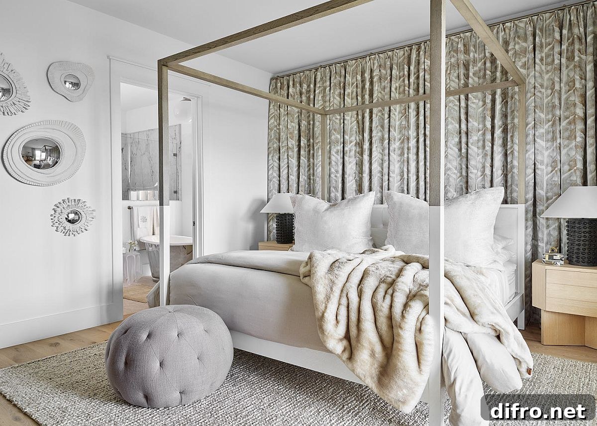 Modern beach style bedroom of the bungalow in muted colors