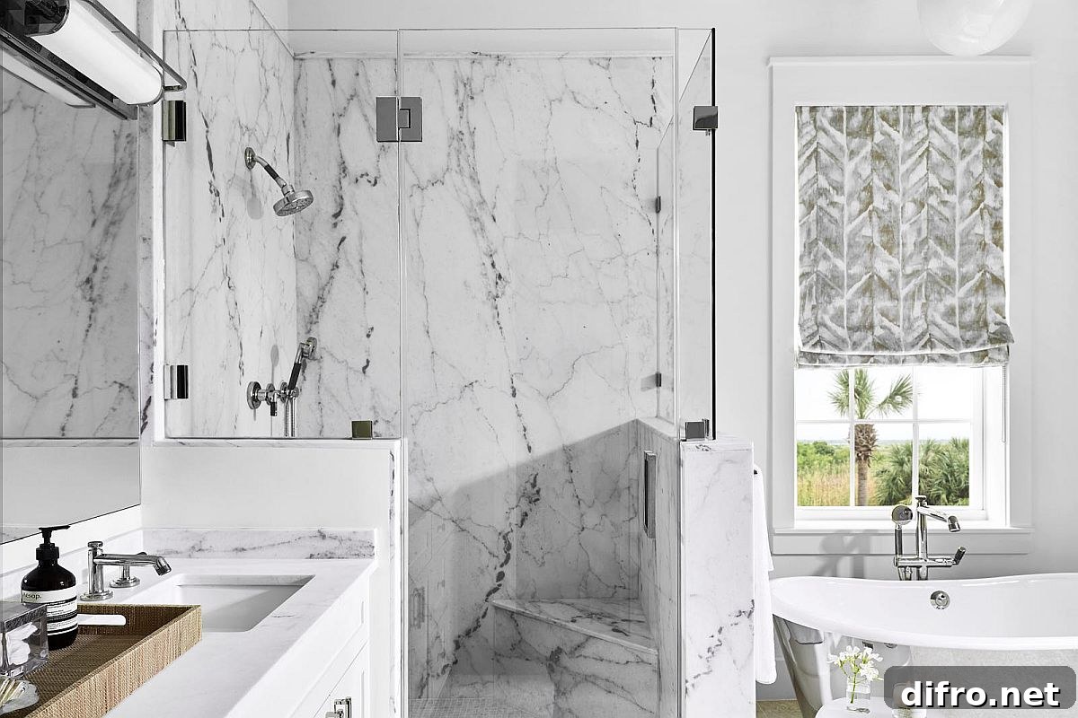 Perfect luxurious modern beach style bathroom with marble finishes
