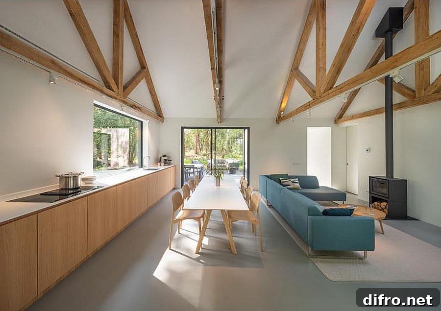 Open plan living room, kitchen and dining area with views to the outdoors