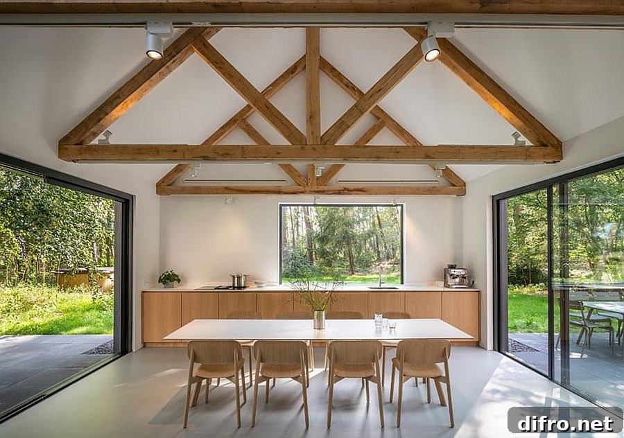 Exposed wooden ceiling beams inside the cabin