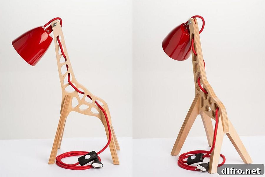 Wood and red combination on giraffe lamp