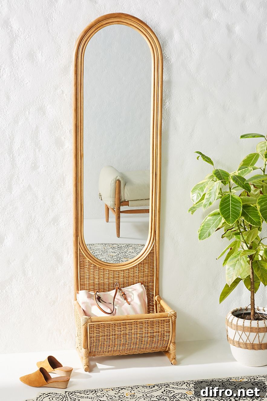 Rattan floor mirror with basket storage