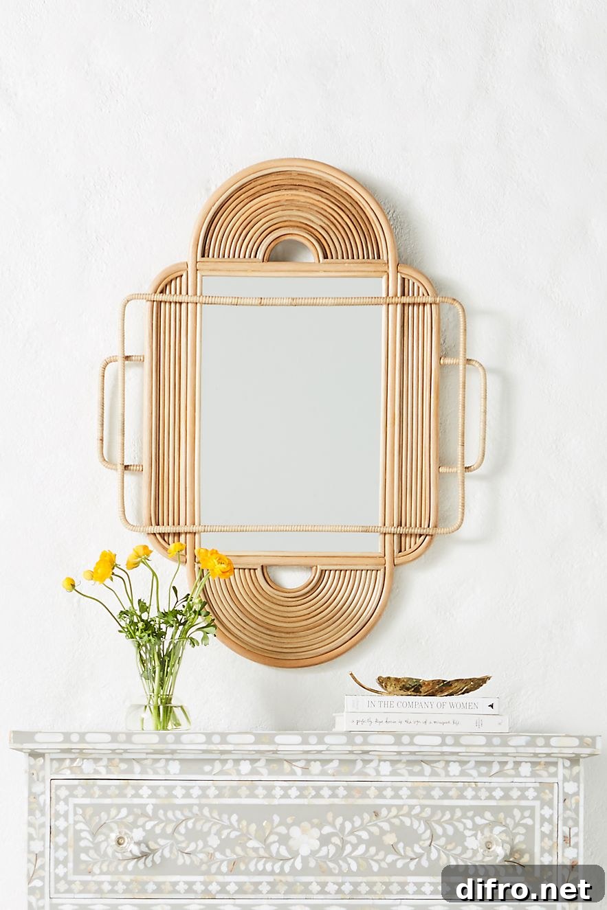 Sculpted rattan mirror