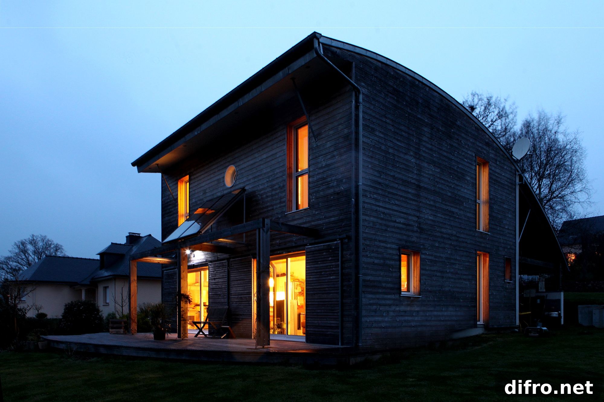 Cozy evening lighting at the sustainable French home