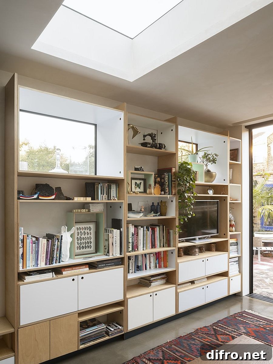 Birch plywood shelves and skylight