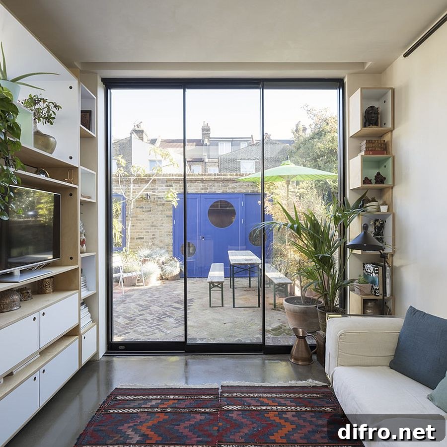 Patio with garden studio and blue entrance