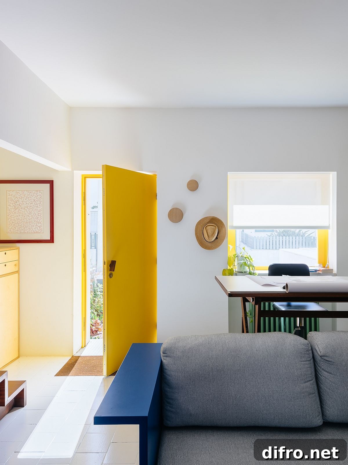 Neutral backdrop with bold interior colors