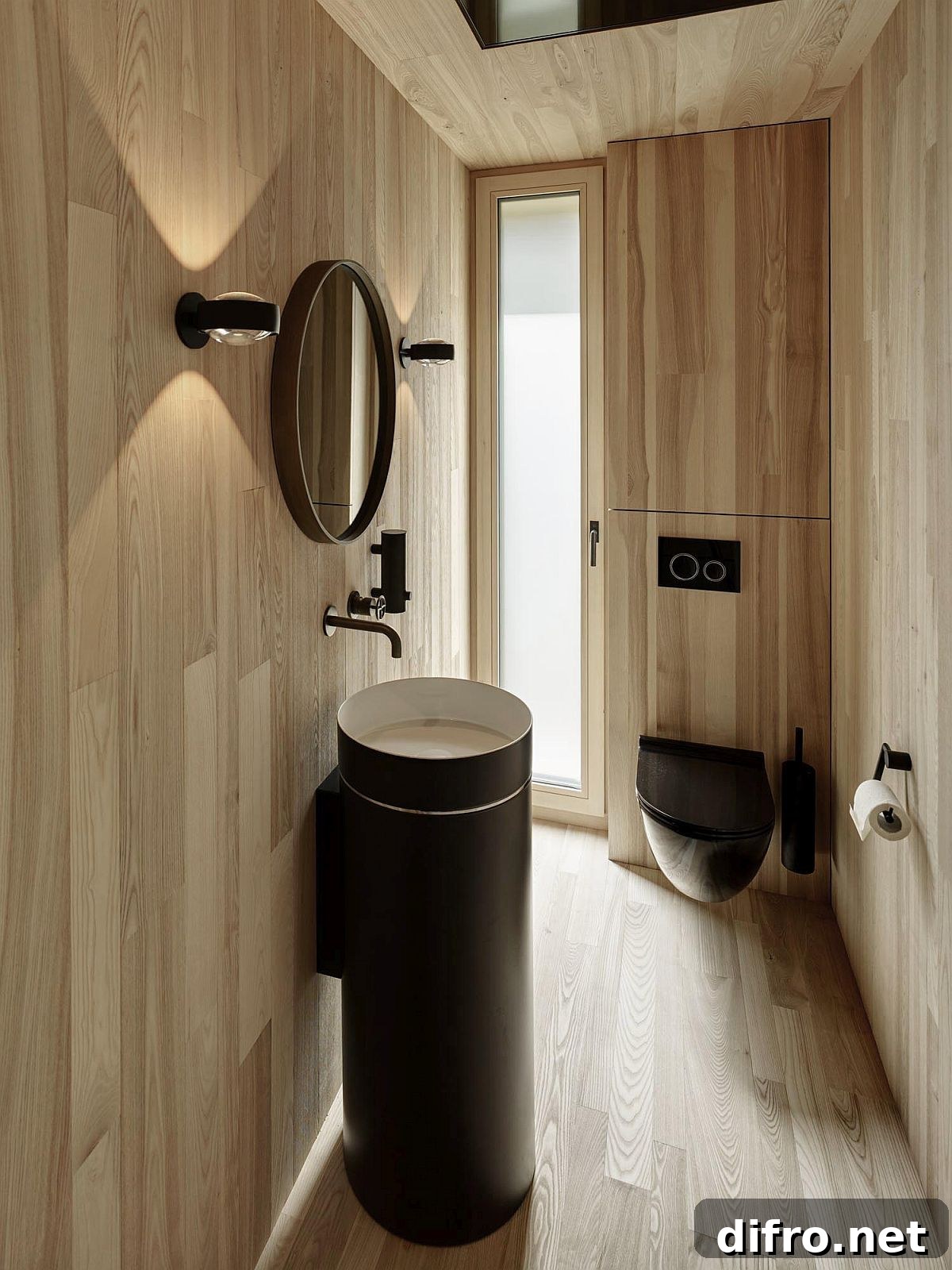 Contemporary bathroom fittings combined with wooden walls create an exceptional space