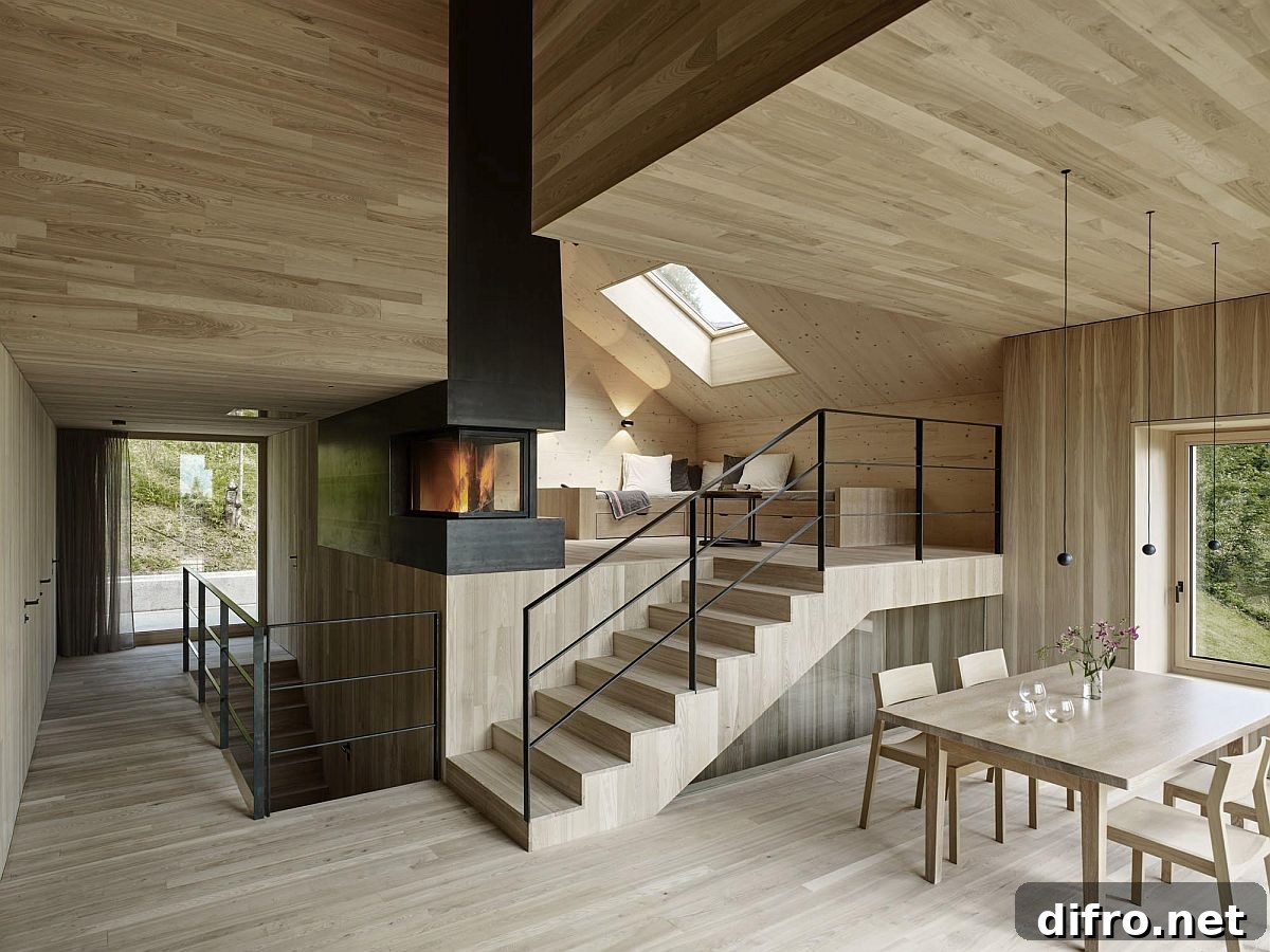 Fireplace at the heart of the multi-level living area provides warmth to different sections
