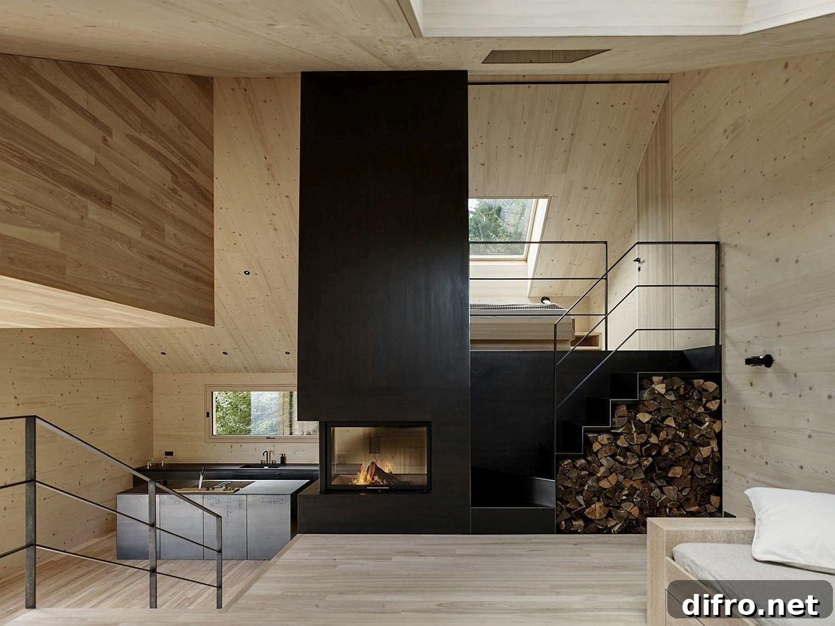 Sitting area with fireplace overlooks the kitchen slightly below