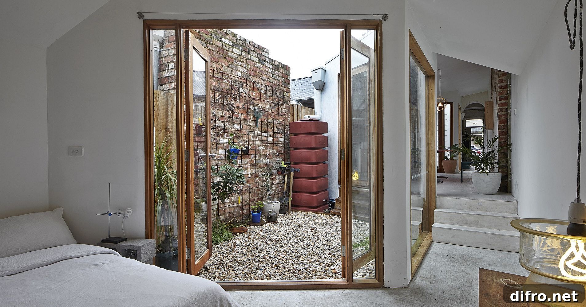 Glass doors to courtyard