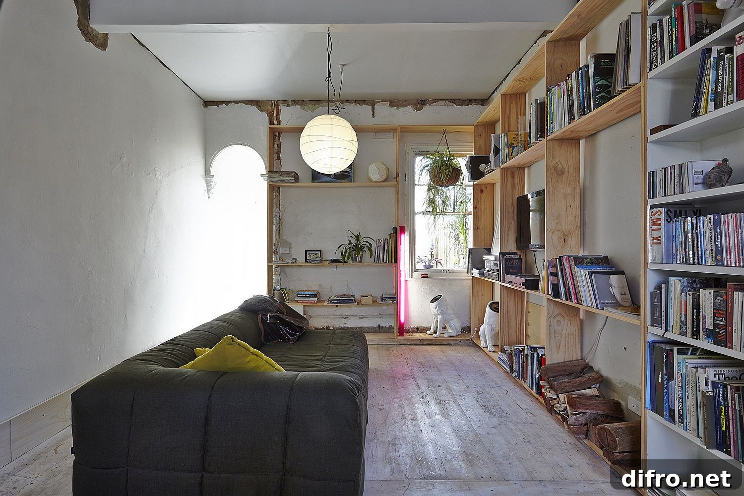 Wooden shelves in the living area