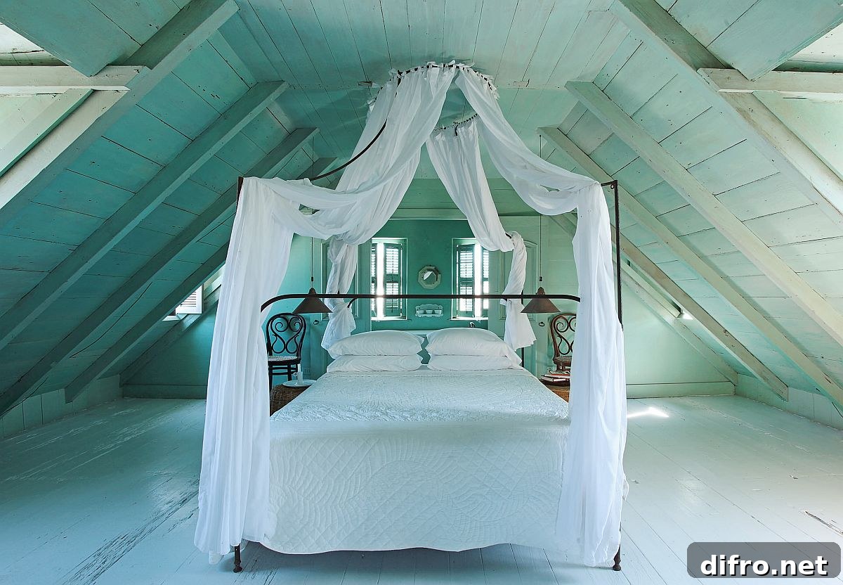 Attic bedroom with pastel green walls and floor