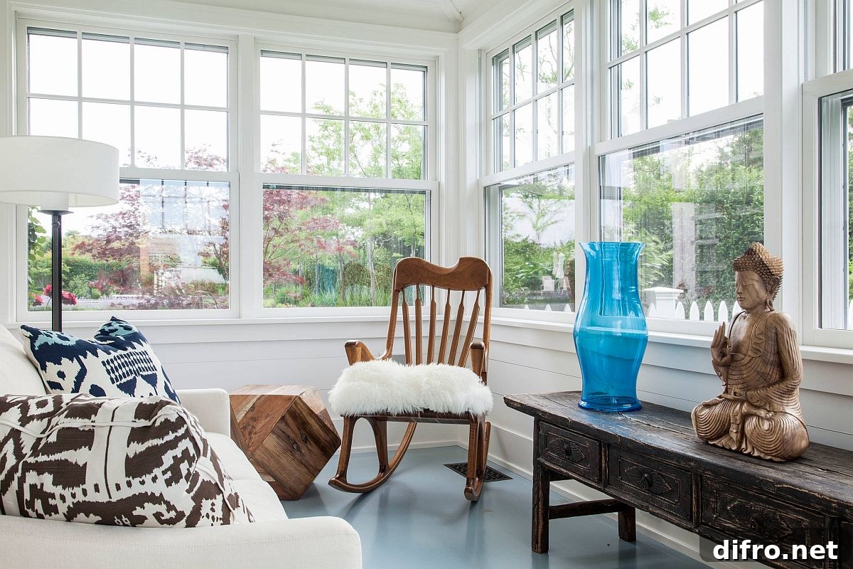 Blue wood painted floor in beach-style bedroom
