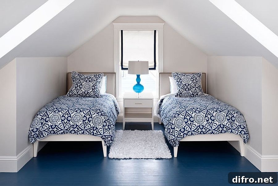 Attic bedroom with blue painted floor