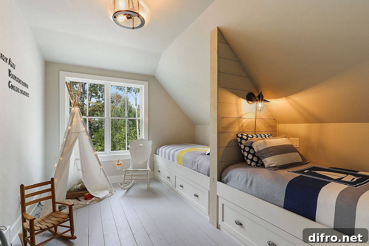 Coastal kids' bedroom with white floor