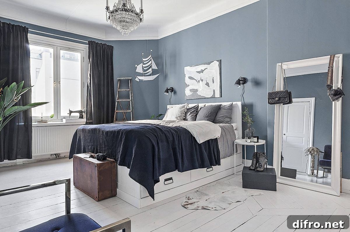 Modern Scandinavian bedroom in white and gray