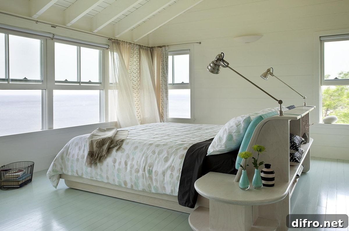 Modern bedroom with pastel green painted floor