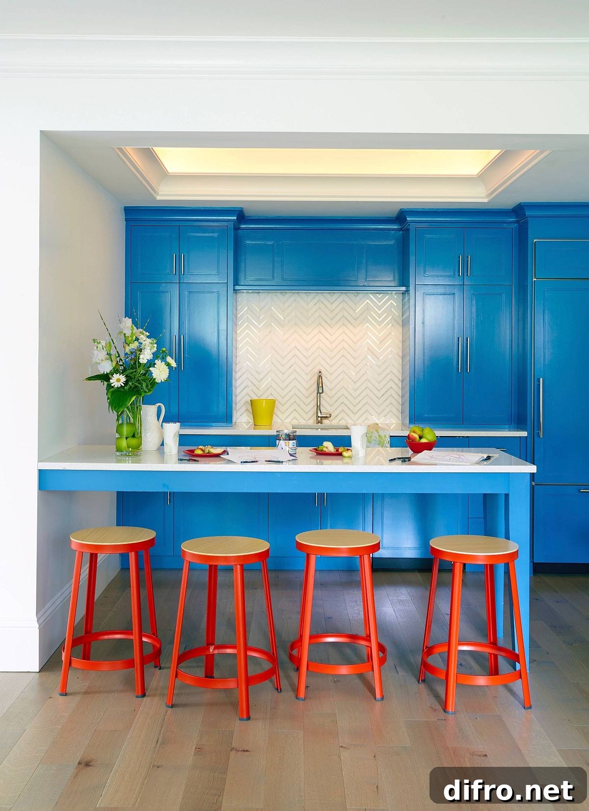 Blue and orange eclectic kitchen