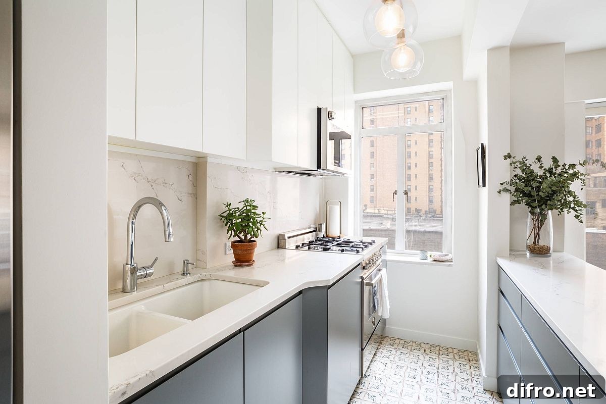 Tiny apartment kitchen with twin sinks