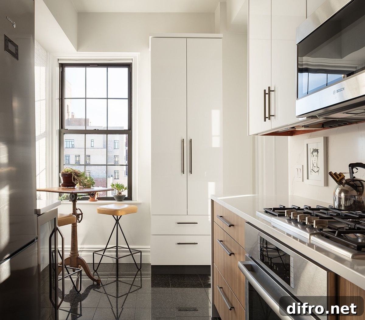 Tiny NYC kitchen with breakfast zone