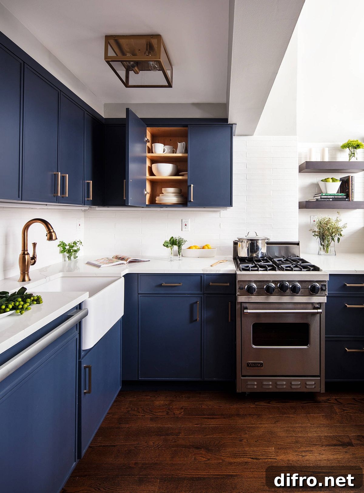 Dark navy and white kitchen