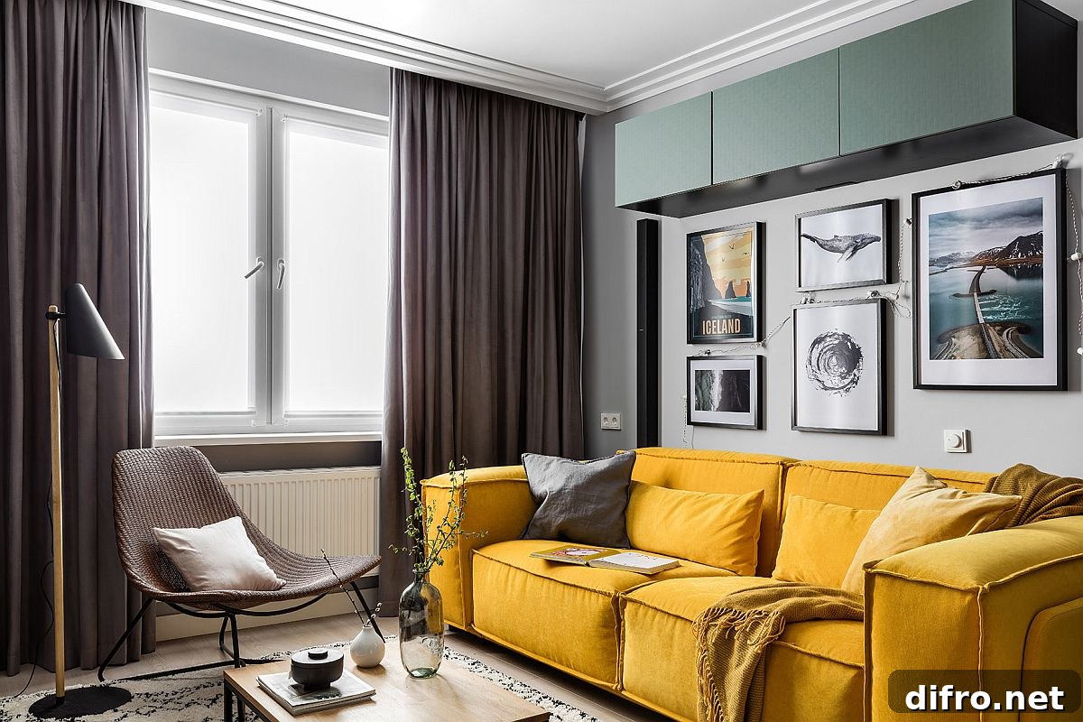 Plush yellow couch in a modern Scandinavian living room