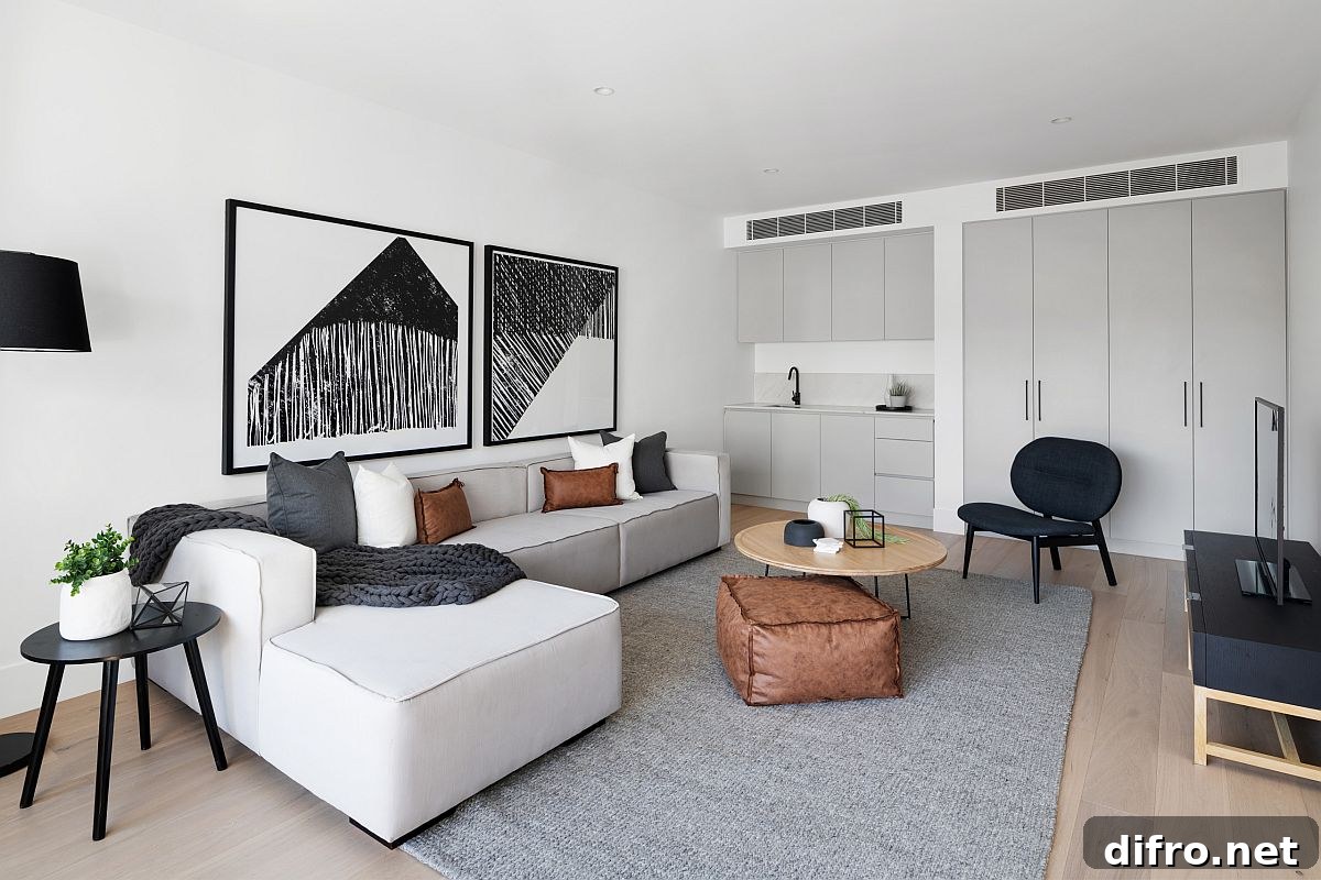 White contemporary sectional in a modest living room