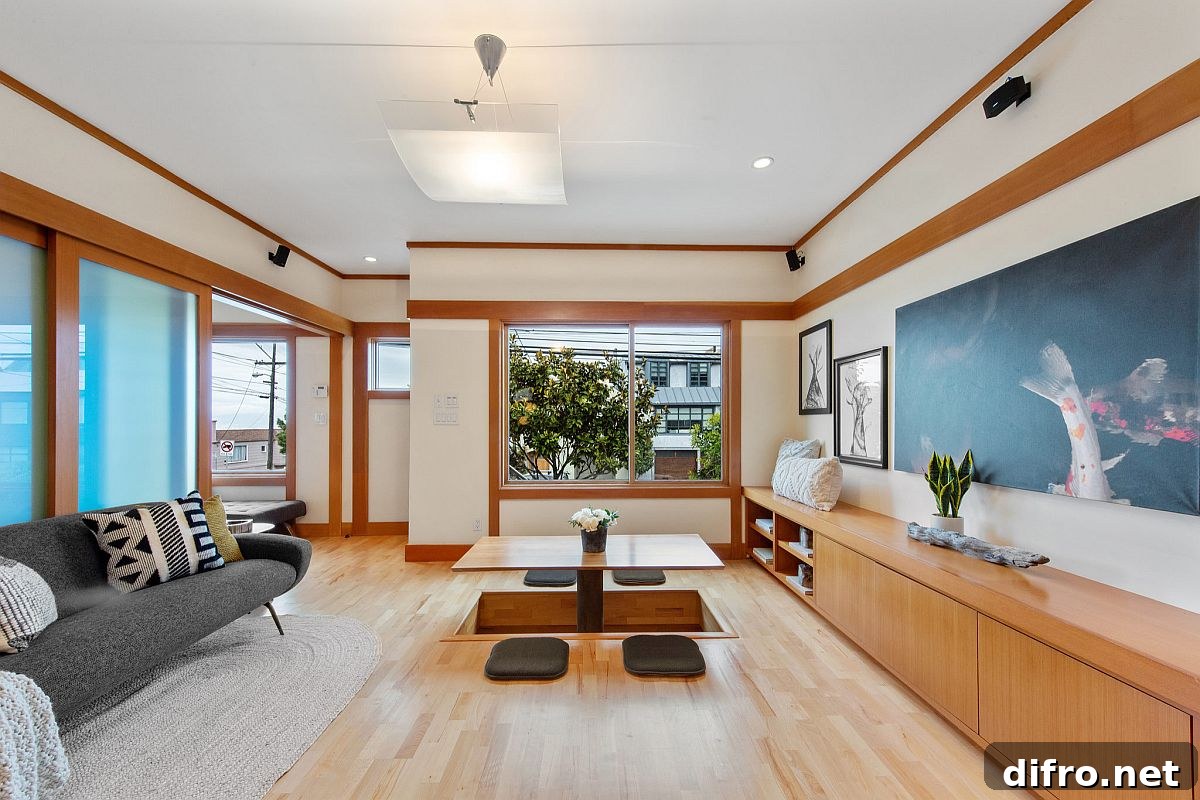 Japanese-style living room with a low dark gray couch