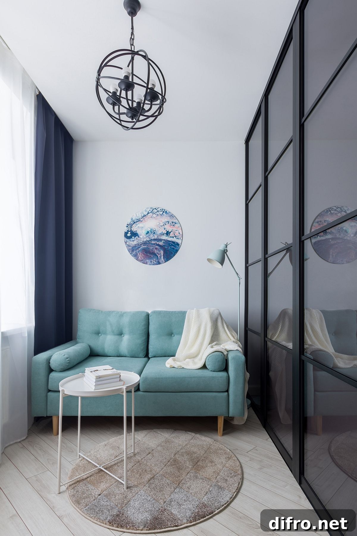 Tiny light blue sofa in an ultra-small studio living area
