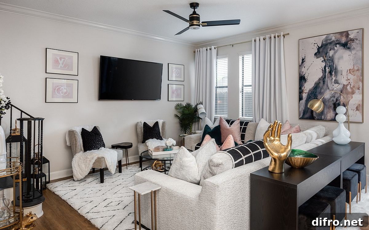 Large sectional used to delineate space in an open-plan living area